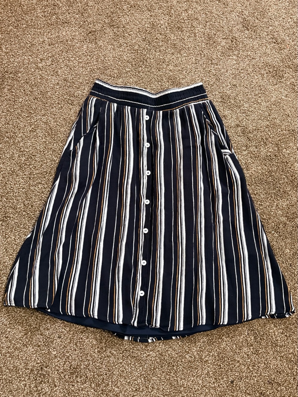 Kaileigh Navy Striped Button-Front Skirt with White & Tan Accents